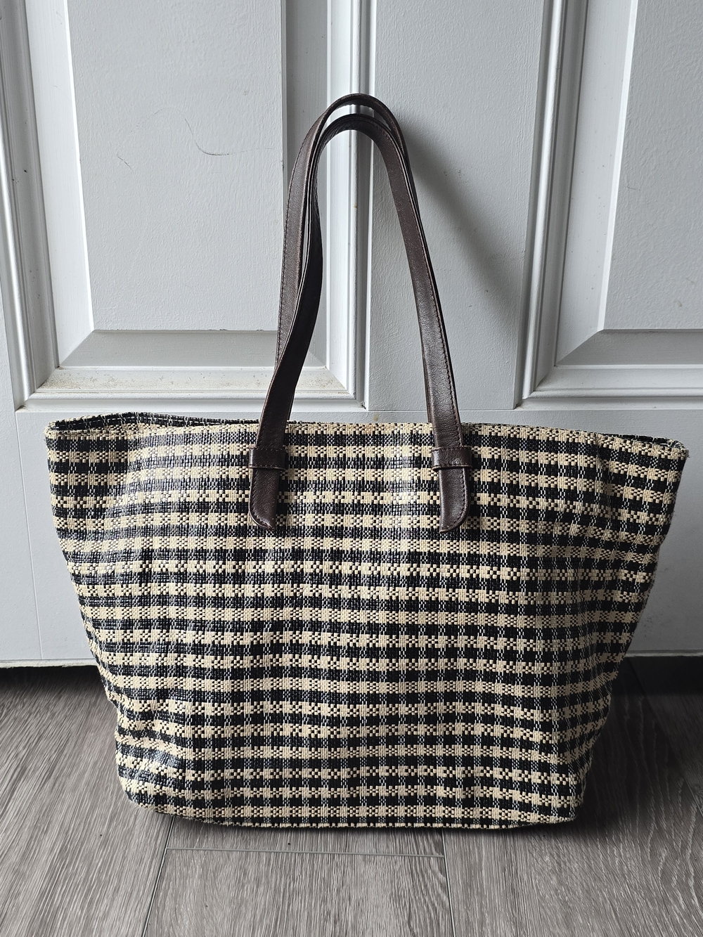 Talbots Paper Straw Woven Tote Bag Black Cream Plaid Genuine Leather